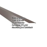 Firstblech flach, sepiabraun, mit eingeblendeten Eckdaten zu Material, Staerke und Beschichtung