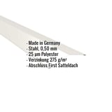 Firstblech flach Reinweiß RAL 9010, 0,50 mm Stahl, mit eingeblendeten Produktdaten