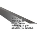 Firstblech flach Tiefschwarz RAL 9005, 0,50 mm Stahl, mit eingeblendeten Eckdaten