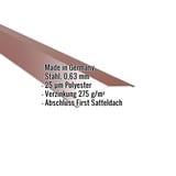 Firstblech flach, rotbraun, mit eingeblendeten Eckdaten zu Material, Staerke und Beschichtung