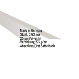 Firstblech flach Weißaluminium, 0,63 mm Stahl, 25 µm Polyester, mit eingeblendeten Eckdaten