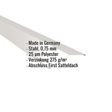 Firstblech flach, Grauweiß RAL 9002, Stahl 0,75 mm, 25 µm Polyester, Eckdaten eingeblendet