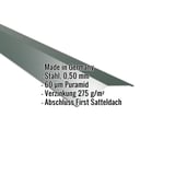 Firstblech flach, moosgrün, 0,50 mm Stahl, mit eingeblendeten Eckdaten