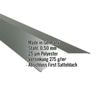 Firstblech flach Chromoxidgrün, Stahl 0,50 mm, Polyester 25 µm, mit eingeblendeten Eckdaten