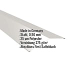 Firstblech flach aus Stahl, lichtgrau RAL 7035, mit eingeblendeten technischen Daten