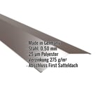 Firstblech flach Stahl 0,50 mm Sepiabraun RAL 8014 mit eingeblendeten Eckdaten