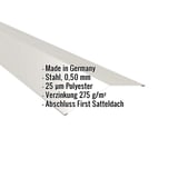 Firstblech flach, Grauweiß RAL 9002, 0,50 mm Stahl, 25 µm Polyester, mit eingeblendeten Eckdaten