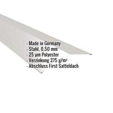 Firstblech flach Weißaluminium RAL 9006, 0,50 mm Stahl, mit eingeblendeten Eckdaten