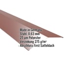 Firstblech flach Rotbraun RAL 8012, Stahl 0,63 mm, 25 µm Polyester, mit eingeblendeten Eckdaten