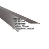 Firstblech flach, schokoladenbraun, mit eingeblendeten Eckdaten zu Material, Stärke und Beschichtung