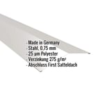 Firstblech flach Weißaluminium RAL 9006, 0,75 mm Stahl mit 25 µm Polyesterbeschichtung, Eckdaten eingeblendet