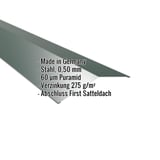 Firstblech flach Stahl 0,50 mm Moosgrün, mit eingeblendeten Eckdaten zu Material und Beschichtung