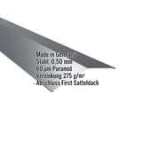 Firstblech flach, Anthrazitgrau, 0,50 mm Stahl, 60 µm Puramid Beschichtung, mit eingeblendeten Eckdaten