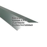 Firstblech flach Aluminium moosgrün, 0,70 mm, 25 µm Polyester, mit eingeblendeten Eckdaten