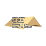 Firstblech flach Stahl 0,50 mm sandgelb, mit eingeblendeten Eckdaten zu Material und Beschichtung