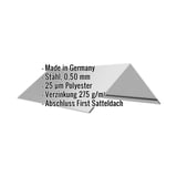 Firstblech flach Weißaluminium RAL 9006, 0,50 mm Stahl, mit eingeblendeten Eckdaten
