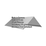 Firstblech flach Graualuminium mit eingeblendeten Eckdaten wie Stahl 0,75 mm und 25 µm Polyester