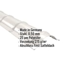 Firstblech halbrund Reinweiß (RAL 9010) mit eingeblendeten Eckdaten zu Material, Stärke und Beschichtung