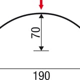 Technische Zeichnung Firstblech halbrund mit Massen: Breite 190 mm, Hoehe 70 mm, Schenkel 55 mm