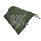 Firstblech halbrund groß, Stahl 0,50 mm, grün (RAL 6020), 35 µm Mattpolyester, mit eingeblendeten Eckdaten