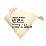 Firstblech halbrund groß, Hellelfenbein RAL 1015, 0,50 mm Stahl, mit eingeblendeten Eckdaten