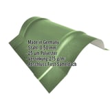 Firstblech halbrund groß Resedagrün, Stahl 0,50 mm, 25 µm Polyester, mit eingeblendeten Eckdaten