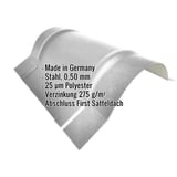 Firstblech halbrund groß aus Stahl, 0,50 mm, Weißaluminium RAL 9006, mit eingeblendeten Eckdaten