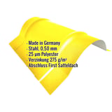 Firstblech halbrund klein Rapsgelb, Stahl 0,50 mm, Polyester 25 µm, mit eingeblendeten Eckdaten