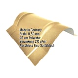 Firstblech halbrund klein, sandgelb, mit eingeblendeten Eckdaten zu Material, Staerke und Beschichtung