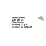 Infografik: Eckdaten zum Firstblech halbrund klein, Stahl 0,50 mm, 25 µm Polyester, Verzinkung 275 g/m²