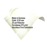 Firstblech halbrund klein, Grauweiß RAL 9002, mit eingeblendeten Eckdaten zu Material und Beschichtung
