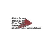 Firstblechendstück Weinrot (RAL 3005) mit eingeblendeten Eckdaten zu Material, Stärke und Beschichtung