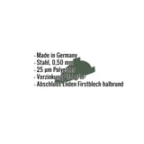 Infografik: Firstblechendstück aus Stahl, 0,50 mm, 25 µm Polyester, halbrund, mit eingeblendeten Eckdaten