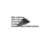 Firstblechendstück Tiefschwarz RAL 9005, Stahl 0,50 mm, mit eingeblendeten Eckdaten