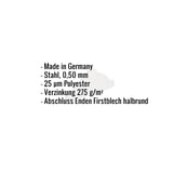 Firstblechendstück Stahl 0,50 mm Weißaluminium RAL 9006, mit eingeblendeten Eckdaten