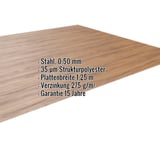 Flachblech Stahl 0,50 mm Eiche mit 35 µm Strukturpolyester Beschichtung und eingeblendeten Eckdaten