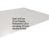 Flachblech Stahl 0,50 mm lichtgrau RAL 7035 mit eingeblendeten Eckdaten zu Material und Garantie