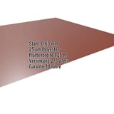 Flachblech Stahl 0,63 mm rotbraun RAL 8012 mit 25 µm Polyesterbeschichtung und eingeblendeten Eckdaten