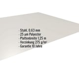 Flachblech Stahl 0,63 mm Grauweiß RAL 9002 mit 25 µm Polyesterbeschichtung, Eckdaten eingeblendet