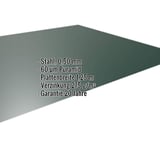 Flachblech Stahl 0,50 mm Moosgrün RAL 6005 mit 60 µm Puramid Beschichtung und eingeblendeten Eckdaten