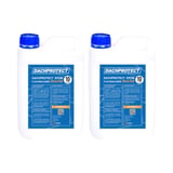 Zwei weiße 10-Liter-Kanister DACHPROTECT Flächenkleber BlueTek mit blauen Deckeln und Etiketten
