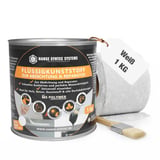 Flüssigkunststoff Set weiß 1 kg Dose mit Pinsel und Vliesrolle, wichtige Eckdaten eingeblendet