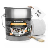 Weißes Flüssigkunststoff Set von DACHPROTECT, 5 kg Eimer, Vliesrolle und Pinsel, wichtige Eckdaten eingeblendet