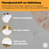 Infografik Flüssigkunststoff zur Abdichtung, Anwendungsbeispiele auf Holz, Zink, Blech, Glas, Kunststoff und Metall