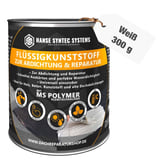 Weißer Flüssigkunststoff von Hanse Syntec Systems in Dose, mit eingeblendeten Eckdaten und Gewicht 300 g