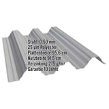 Hochprofil T92P Dachblech Graualuminium mit eingeblendeten Eckdaten zu Material, Staerke und Beschichtung