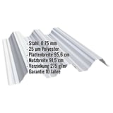 Hochprofil T92P Dachblech Lichtgrau mit eingeblendeten Eckdaten zu Material, Staerke und Abmessungen