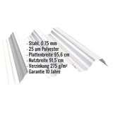 Hochprofil T92P Dachblech Reinweiß, Stahl 0,75 mm, 25 µm Polyester, mit eingeblendeten Eckdaten
