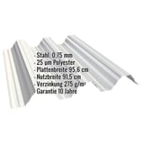 Hochprofil T92P Dachblech Grauweiß, 0,75 mm Stahl, mit eingeblendeten Eckdaten