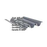Hochprofil TP104 Anthrazitgrau, 0,75 mm Stahl, mit eingeblendeten Eckdaten zu Material und Massen